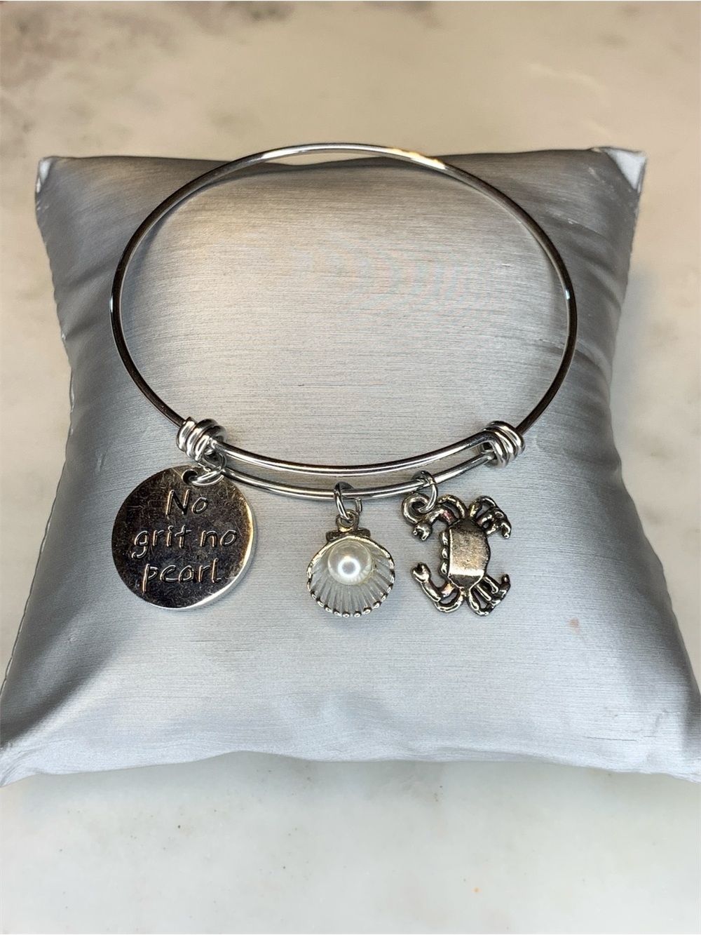 No Grit No Pearl Silver Charm Bangle Bracelet with Pearl Shell & Crab